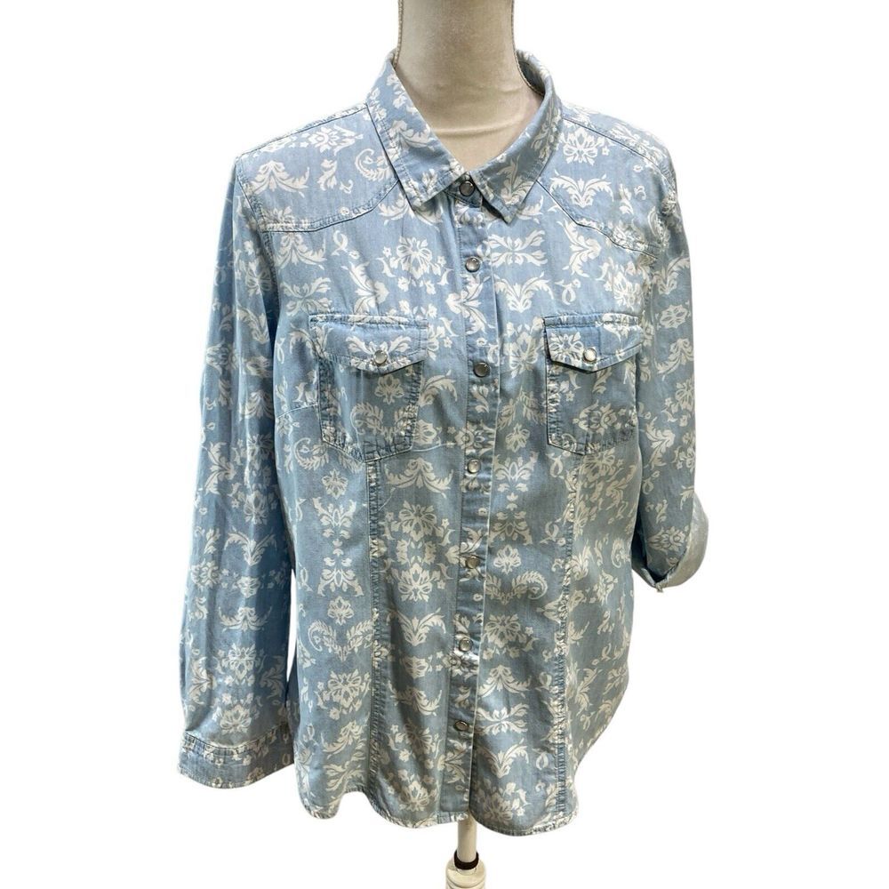 Canyon River Blues Women's Sz XL Snap Buttons Western Style Blue White Floral